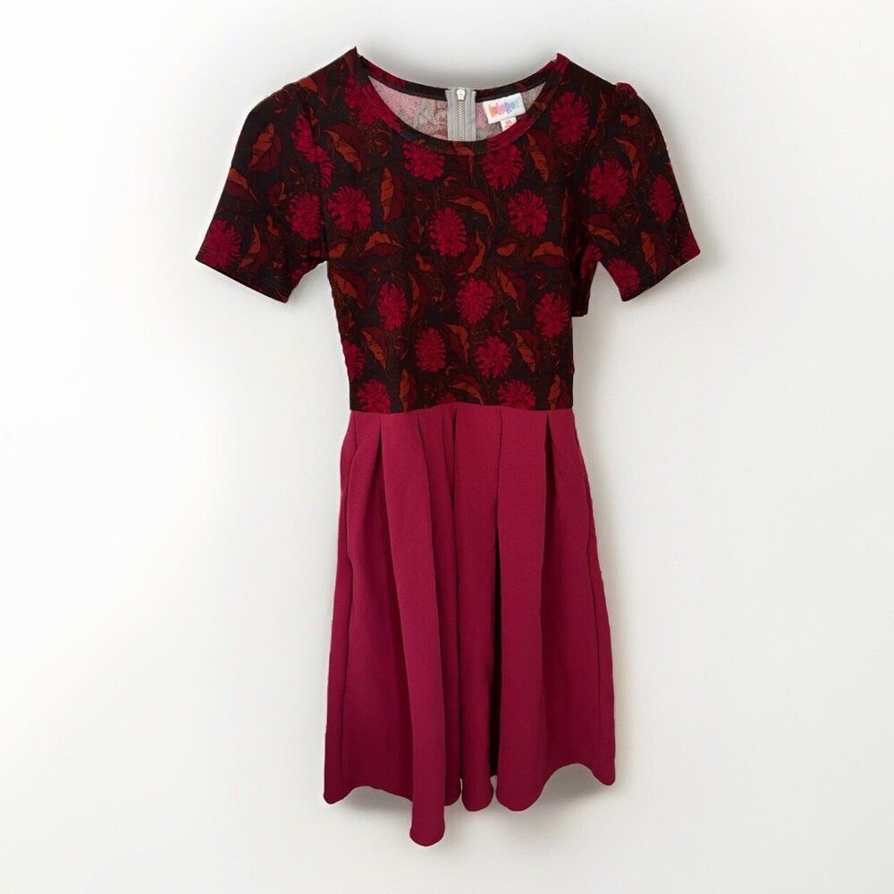 Lularoe Amelia Fit & Flare Stretch Dress Womens Size XS Pockets Zipper Red  New